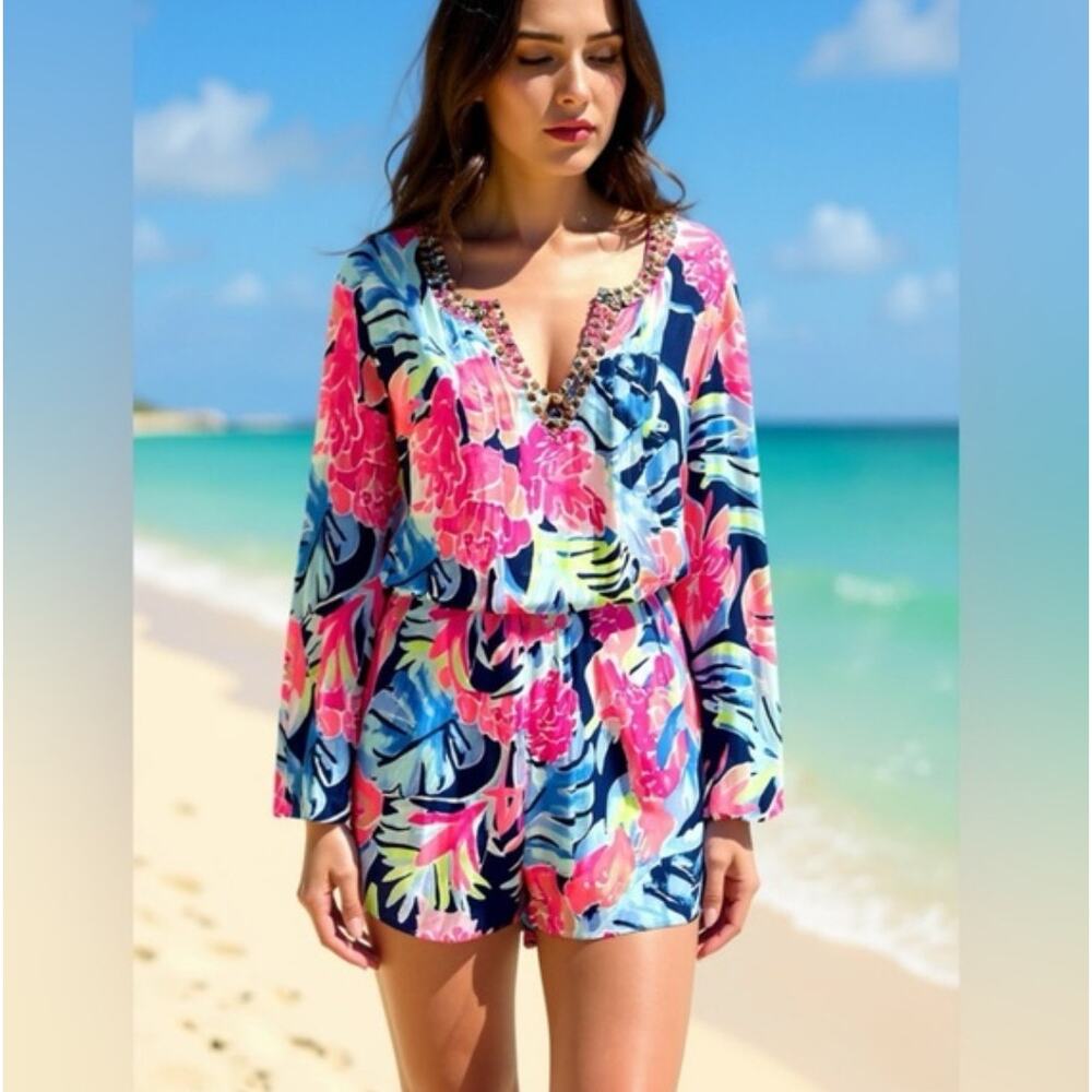 Lilly Pulitzer Long Sleeve Ariele Romper High Tide Tropicolada Floral Women's XS